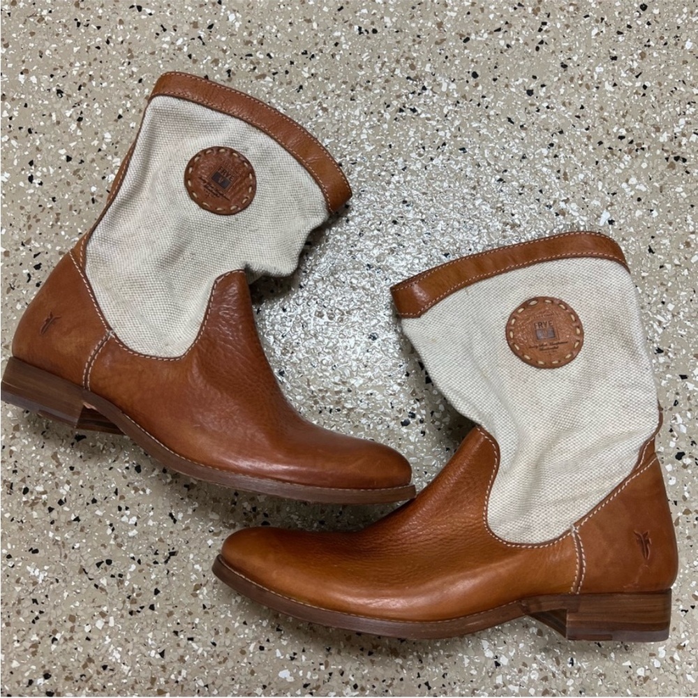 Frye Melissa Canvas Cognac Ankle Boots Size 8